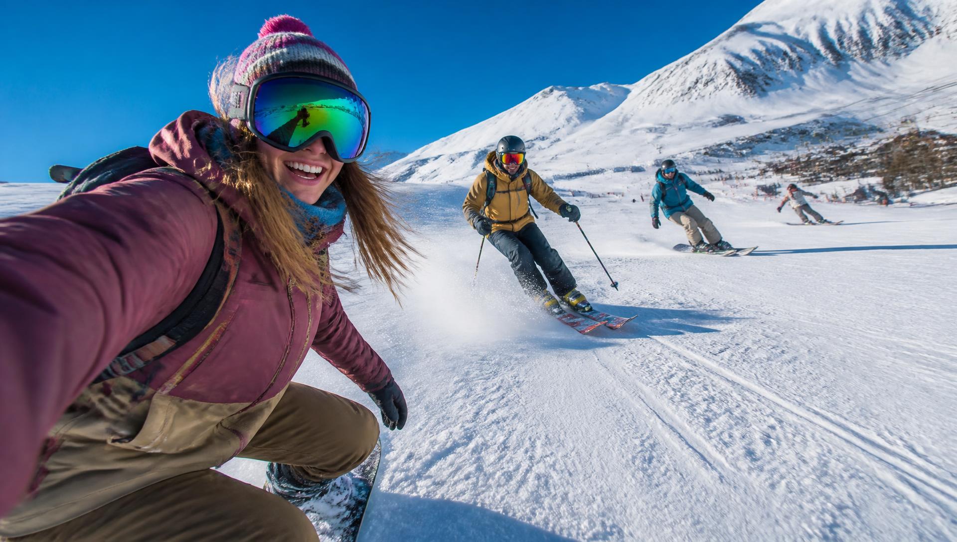 Gruppo di amici che scia in una giornata di sole sulle Alpi